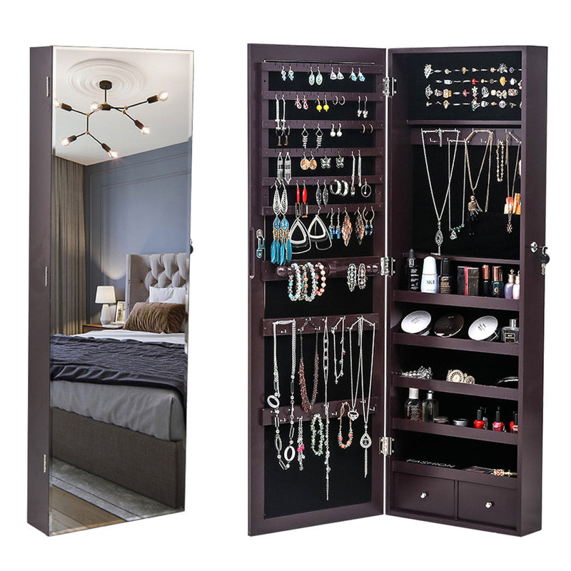 GAOMON Wooden Jewelry Storage Mirror Cabinet Wall-Mounted Organizer - Brown