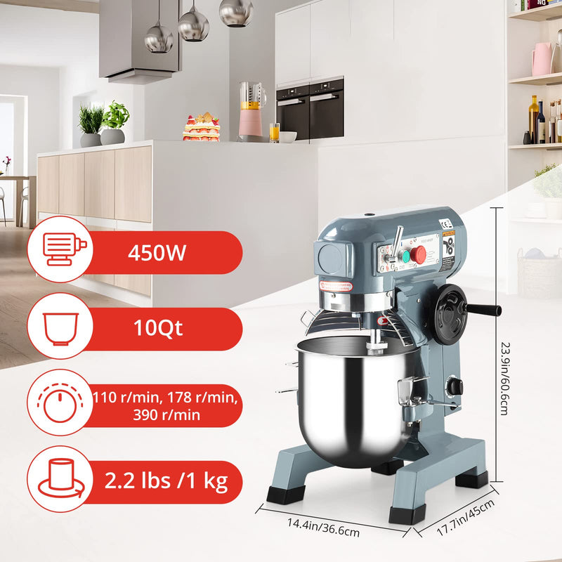 GAOMON Commercial Food Mixer 10Qt 3 Speed With Stainless Steel Bowl Dough Hooks Whisk Beater Stand Mixer