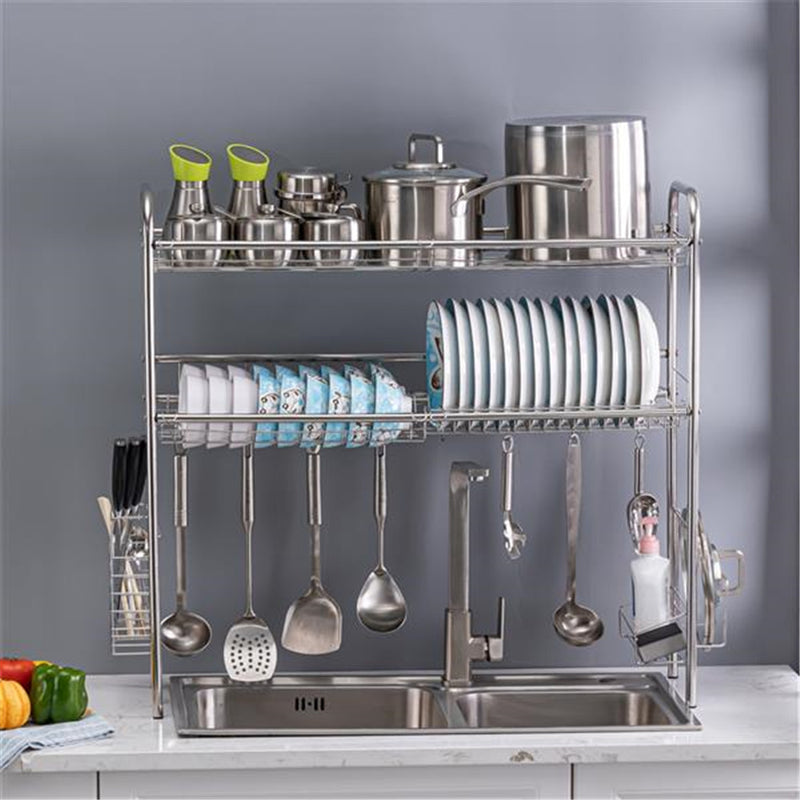GAOMON Double Layer Bowl Rack Shelf Dish Drainer 90cm Inner Length Kitchen Organizer Silver