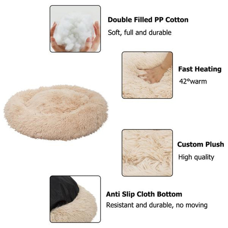 GAOMON Round Plush Pet Bed Fluffy Soft Warm Calming Bed Dog Cat Sleeping Nest Khaki