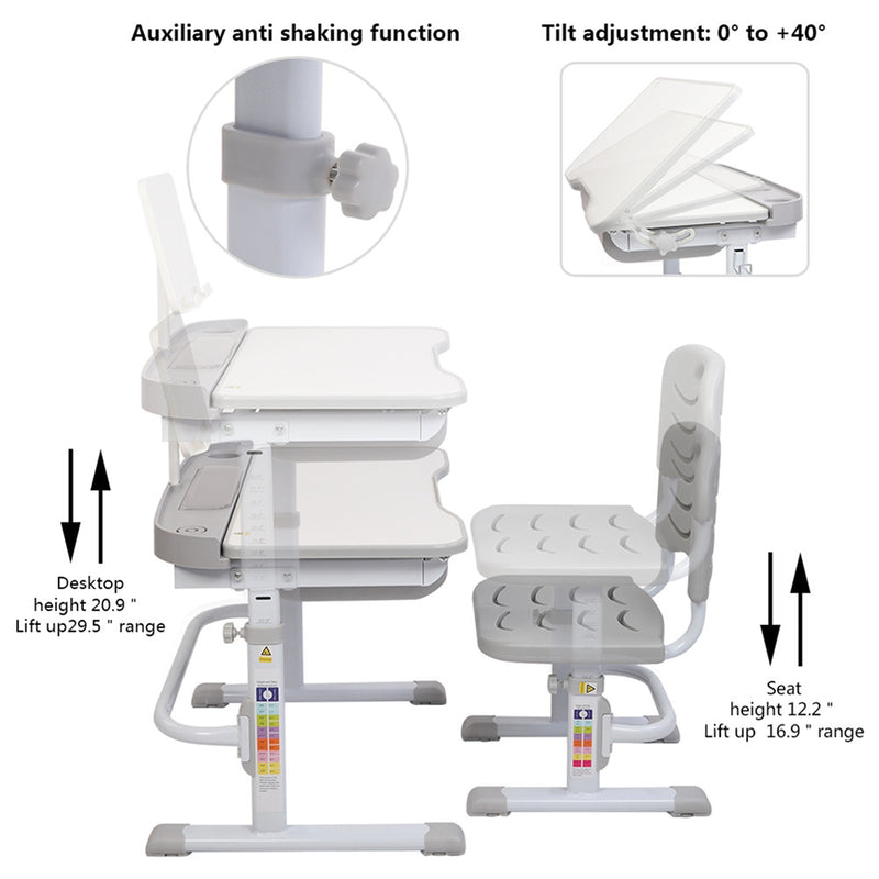 GAOMON 70cm Kids Desk Chair Set Height Adjustable Children Study Desk Gray