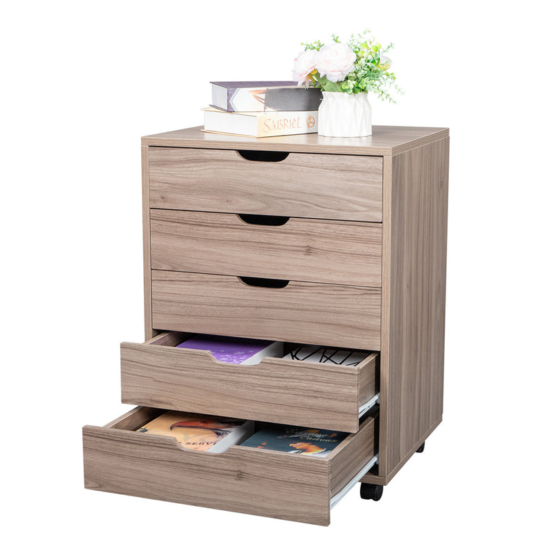 GAOMON Wooden File Cabinet Five Drawers with 360 Degree Removable Wheels Coffee