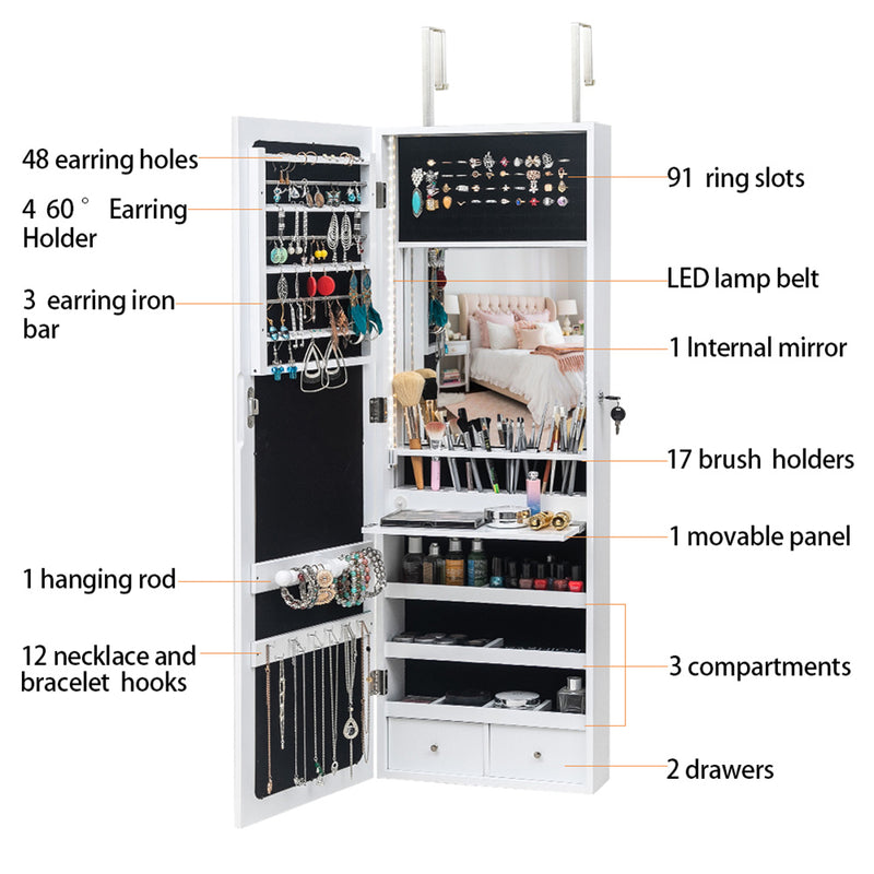GAOMON Wooden Jewelry Storage Mirror Cabinet Wall Hanging Shelf - White
