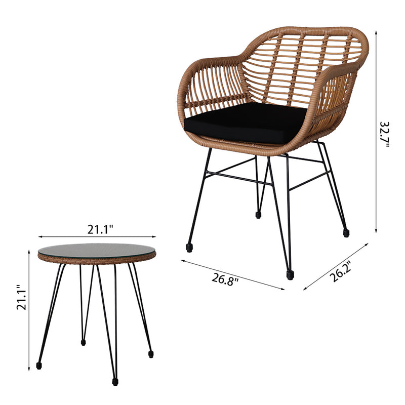 GAOMON 3pcs Tempered Glass Table Chair Three-Piece Set Handwoven Wicker Rattan