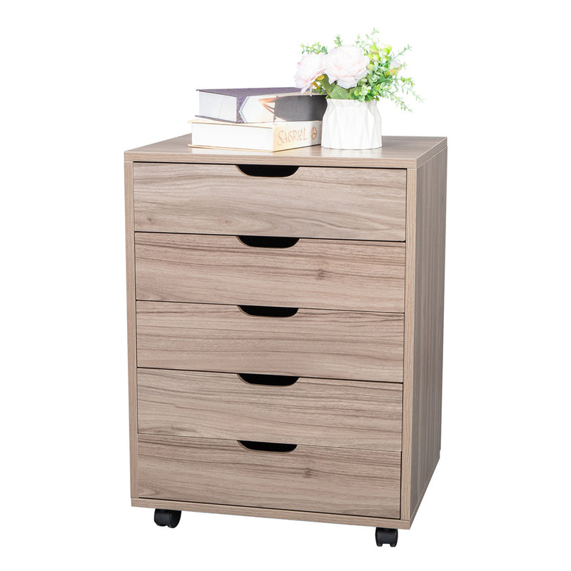 GAOMON Wooden File Cabinet Five Drawers with 360 Degree Removable Wheels Coffee