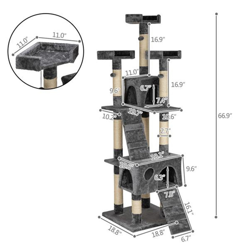 GAOMON 66 Inch Sisal Cat Climbing Frame Cat Tree Tower Cat Pet Toy GREY