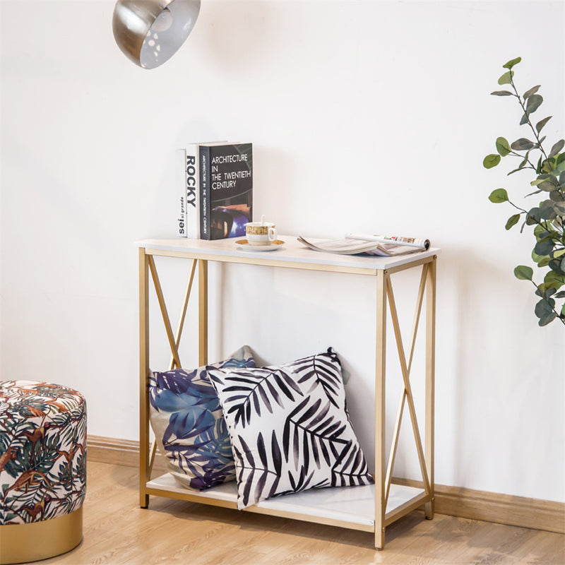 GAOMON 2-Tier Console Table Space Saving Entry Table with Gold Metal Frame White Panel Top