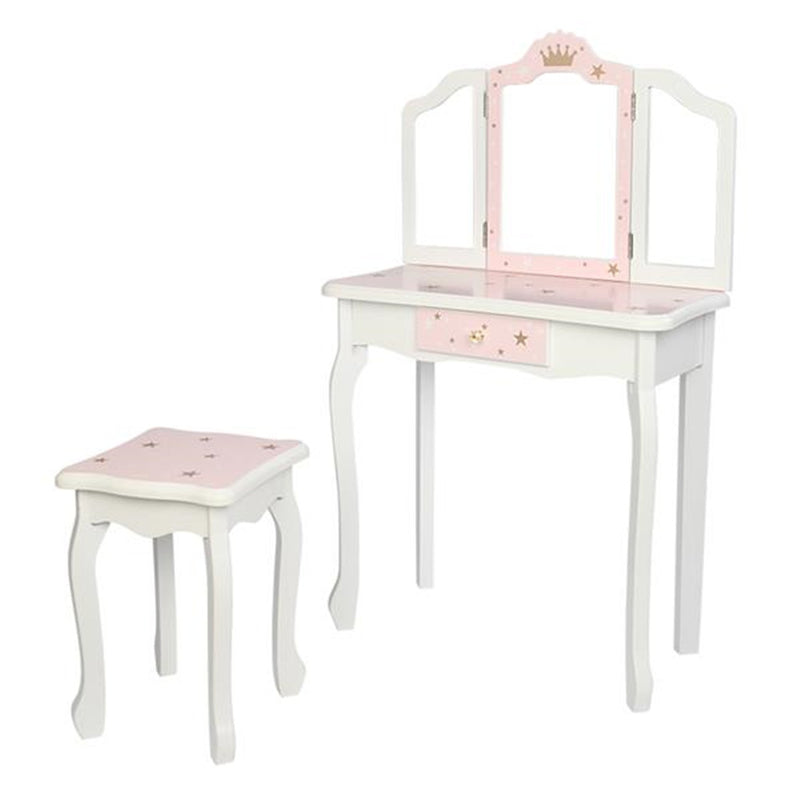 GAOMON Children Dressing Table Set with Three-sided Folding Mirror Single Drawer Chair Pink