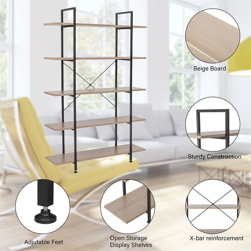 GAOMON 5-tier Bookcase Spacious Vintage Wood Metal Shelf Furniture