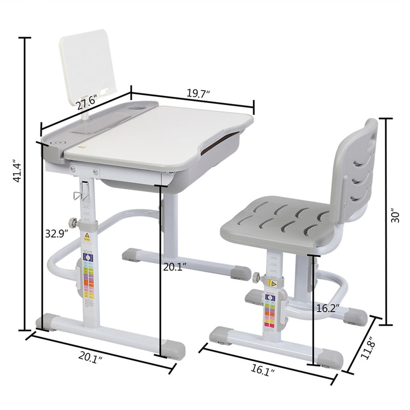 GAOMON 70cm Kids Desk Chair Set Height Adjustable Children Study Desk Gray