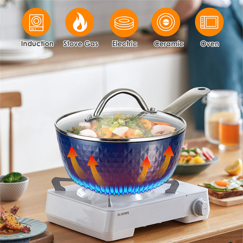 GAOMON 18cm/ 1.5L Milk Pan with Lid Stainless Steel Handle Blue