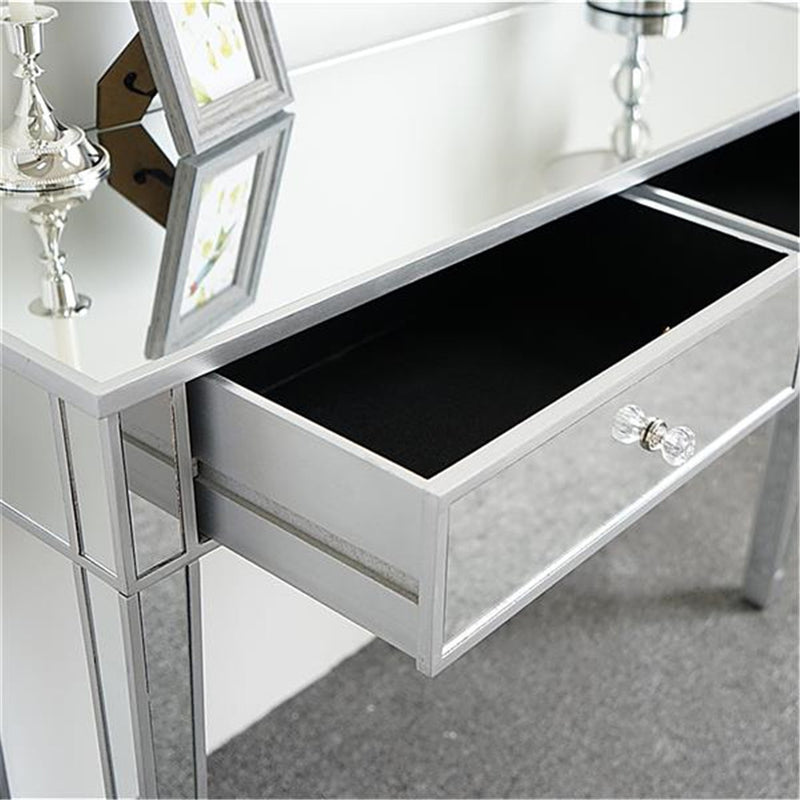 AMYOVE Dressing Table Bedroom Table Glass Mirror Table with Two Drawers Silver