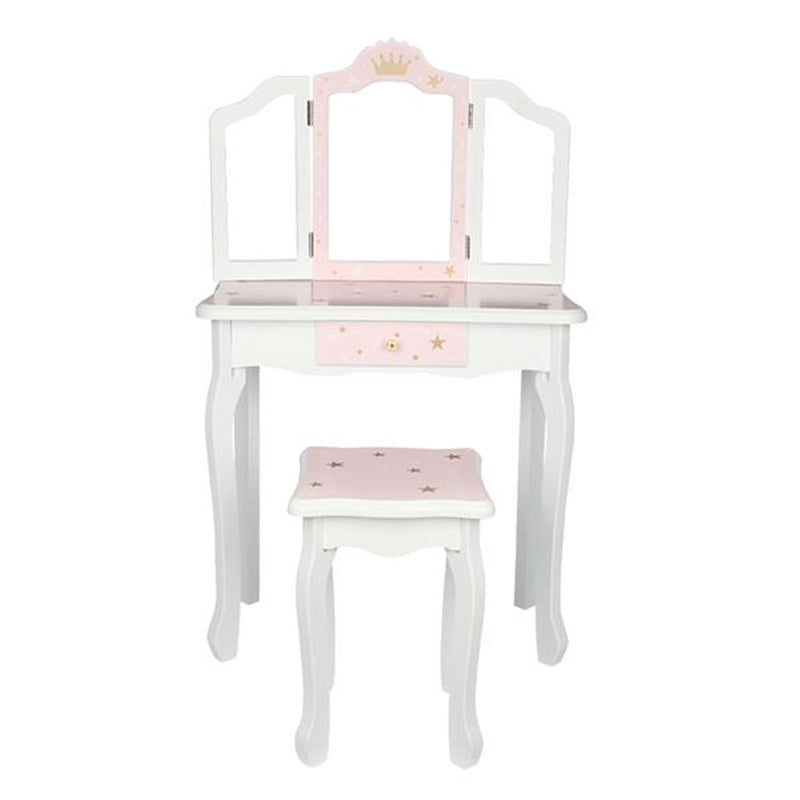 GAOMON Children Dressing Table Set with Three-sided Folding Mirror Single Drawer Chair Pink