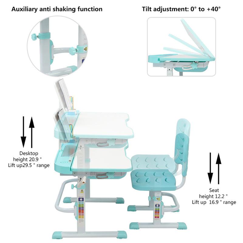 GAOMON Kids Desk Chair Set 80cm Hand-operated Lifting Table Top Blue Green