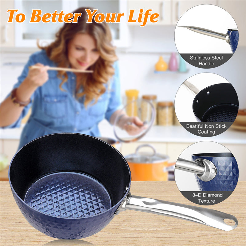 GAOMON 18cm/ 1.5L Milk Pan with Lid Stainless Steel Handle Blue