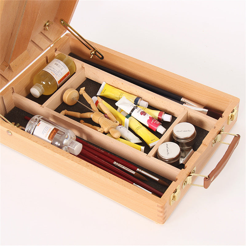GAOMON Portable Beech Sketch Box with Easel Impact-Resistant 4 Compartments Storage Box