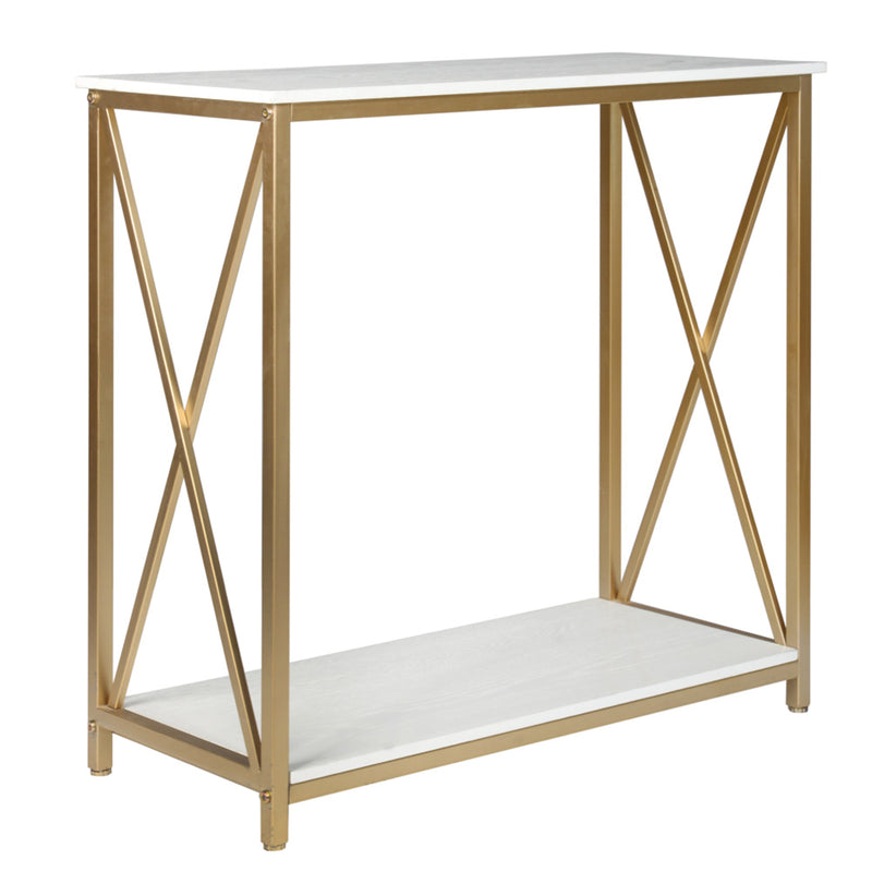 GAOMON 2-Tier Console Table Space Saving Entry Table with Gold Metal Frame White Panel Top