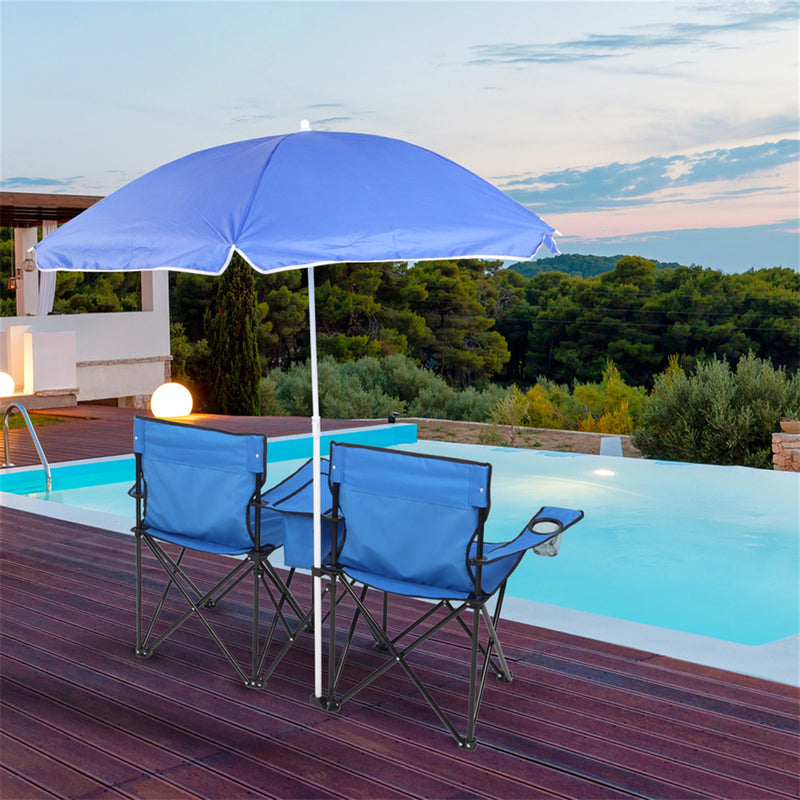 GAOMON Double Folding Picnic Camping Chairs with Umbrella Blue