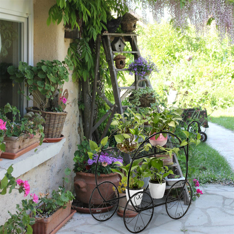 GAOMON 2-Tier Flower Pot Stand Garden Cart Design Plant Holder Black