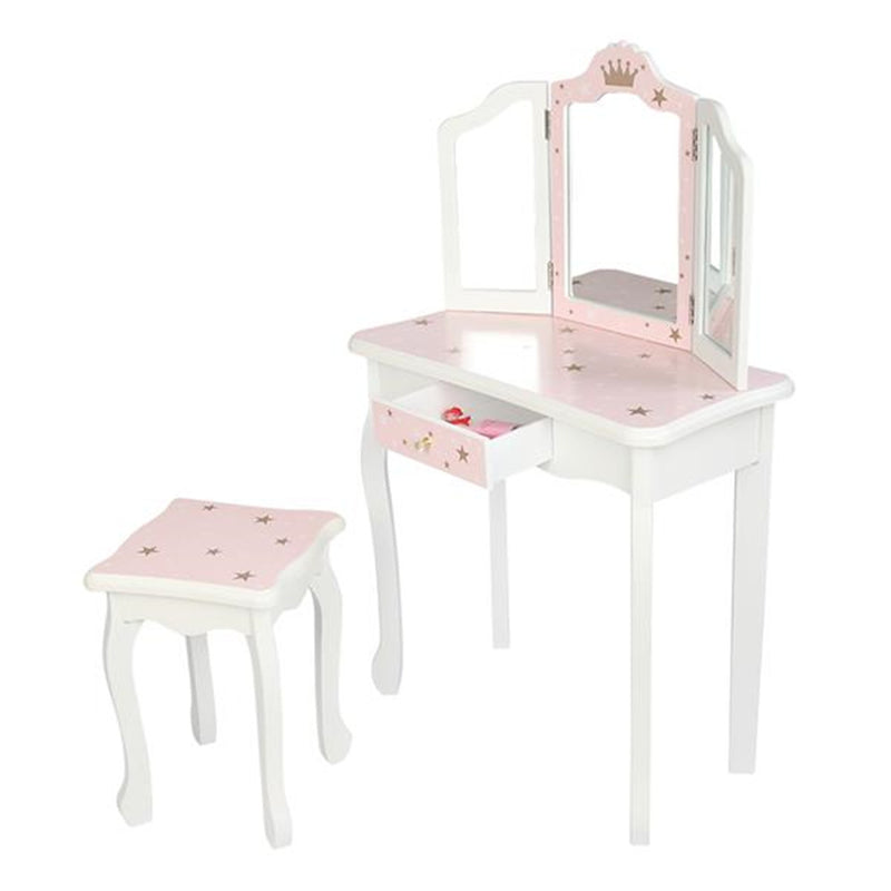 GAOMON Children Dressing Table Set with Three-sided Folding Mirror Single Drawer Chair Pink