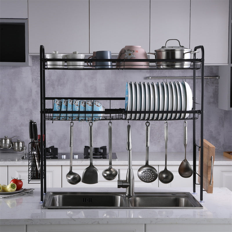 GAOMON Single Layer Bowl Rack Shelf Dish Drainer 90cm Inner Length Kitchen Organizer Black