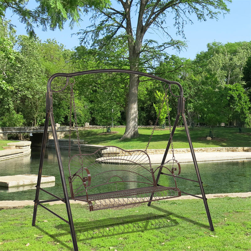 GAOMON Outdoor Garden Iron Wire Double Swing Chair Hanging Swing - Dark Brown