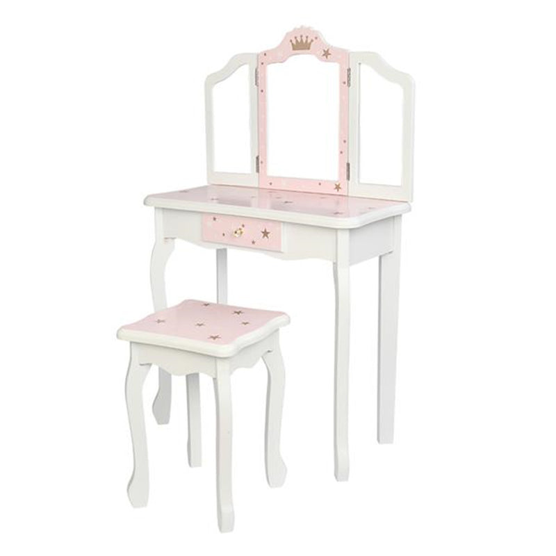 GAOMON Children Dressing Table Set with Three-sided Folding Mirror Single Drawer Chair Pink
