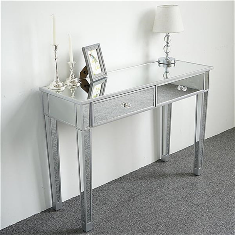 AMYOVE Dressing Table Bedroom Table Glass Mirror Table with Two Drawers Silver