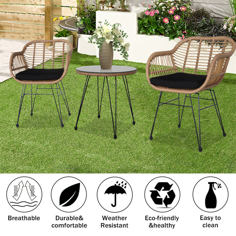 GAOMON 3pcs Tempered Glass Table Chair Three-Piece Set Handwoven Wicker Rattan