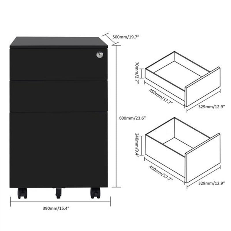 GAOMON 39cm Movable Storage Cabinet with 3 Side-pull Drawers File Cabinet Black