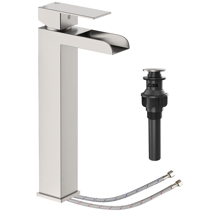 GAOMON Brushed Nickel Waterfull Tall Bathroom Sink Faucet for 1 Holes with Pop Up Drain Stopper & Water Supply Hoses No-Lead