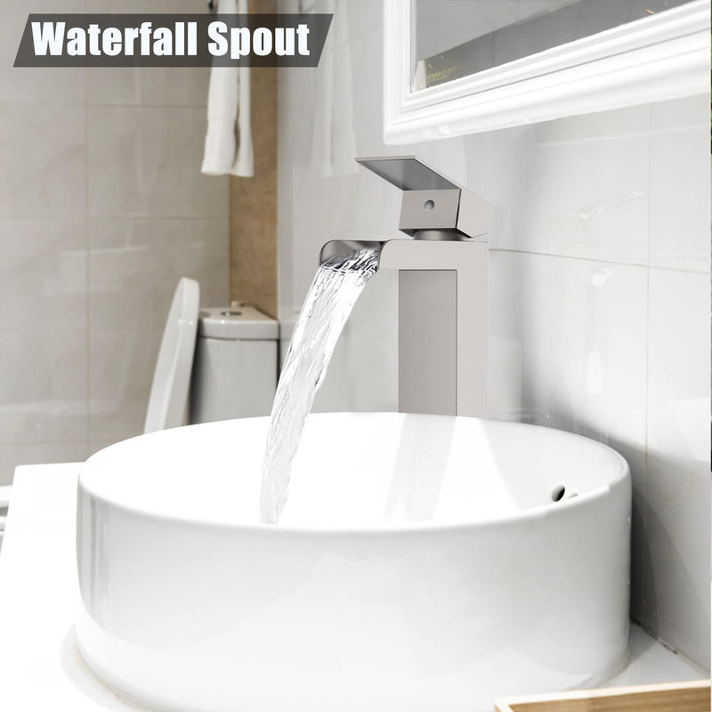 GAOMON Brushed Nickel Waterfull Tall Bathroom Sink Faucet for 1 Holes with Pop Up Drain Stopper & Water Supply Hoses No-Lead