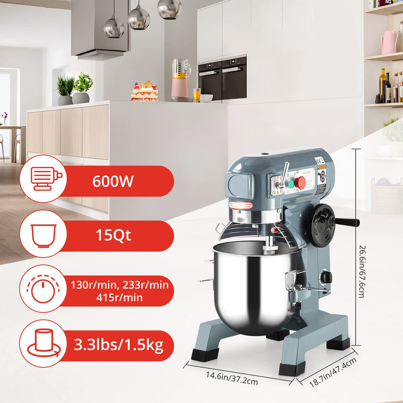 GAOMON Commercial Food Mixer 15Qt 3 Speed With Stainless Steel Bowl Dough Hooks Whisk Beater Stand Mixer