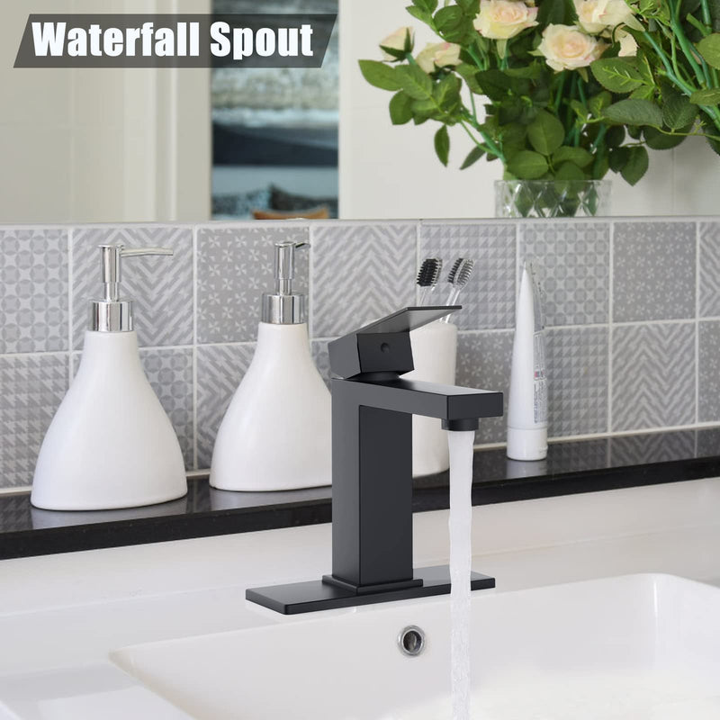 GAOMON Matte Black Bathroom Sink Faucet for 1 or 3 Hole Pop Up Drain Stopper & Water Supply Hoses No-Lead