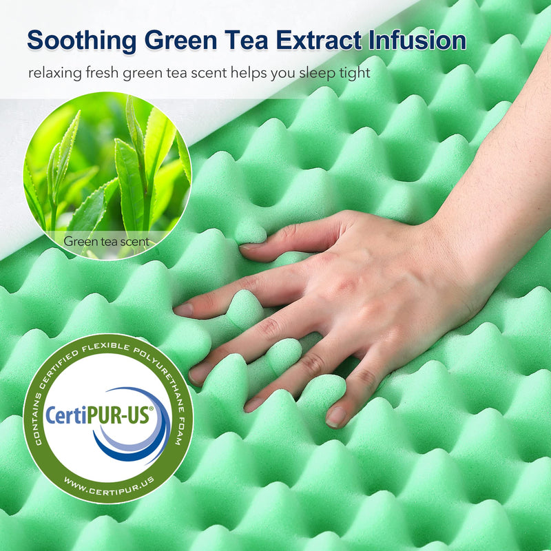 GAOMON Mattress Topper Queen 2 Inch Green Tea Egg Crate Memory Foam Mattress Topper with Zippered Bamboo Cover
