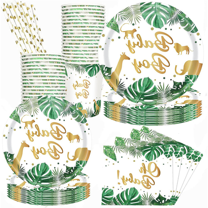 GAOMON 120PCS Jungle Animals Tableware Set Includes Plates Napkins Cups Straws Jungle Theme