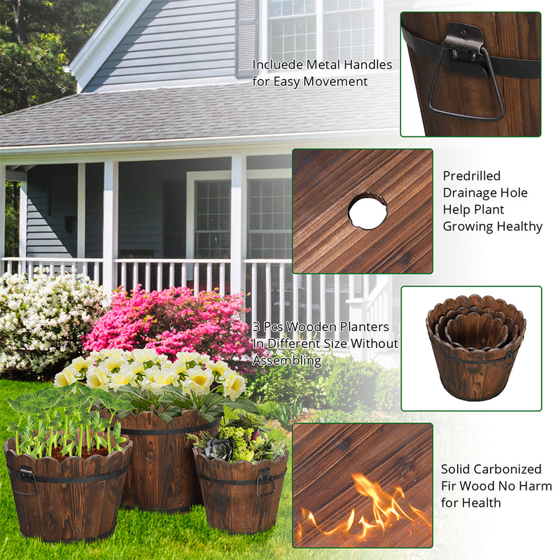 GAOMON 3PCS Planting Pots Retro Style Outdoor Reinforced Flower-Shaped Wooden Barrels