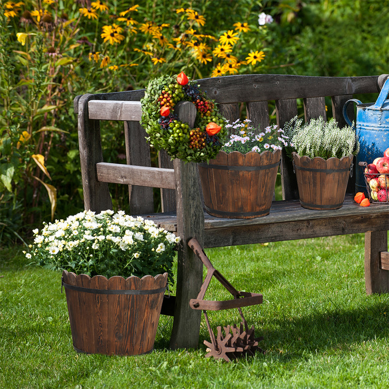 GAOMON 3PCS Planting Pots Retro Style Outdoor Reinforced Flower-Shaped Wooden Barrels