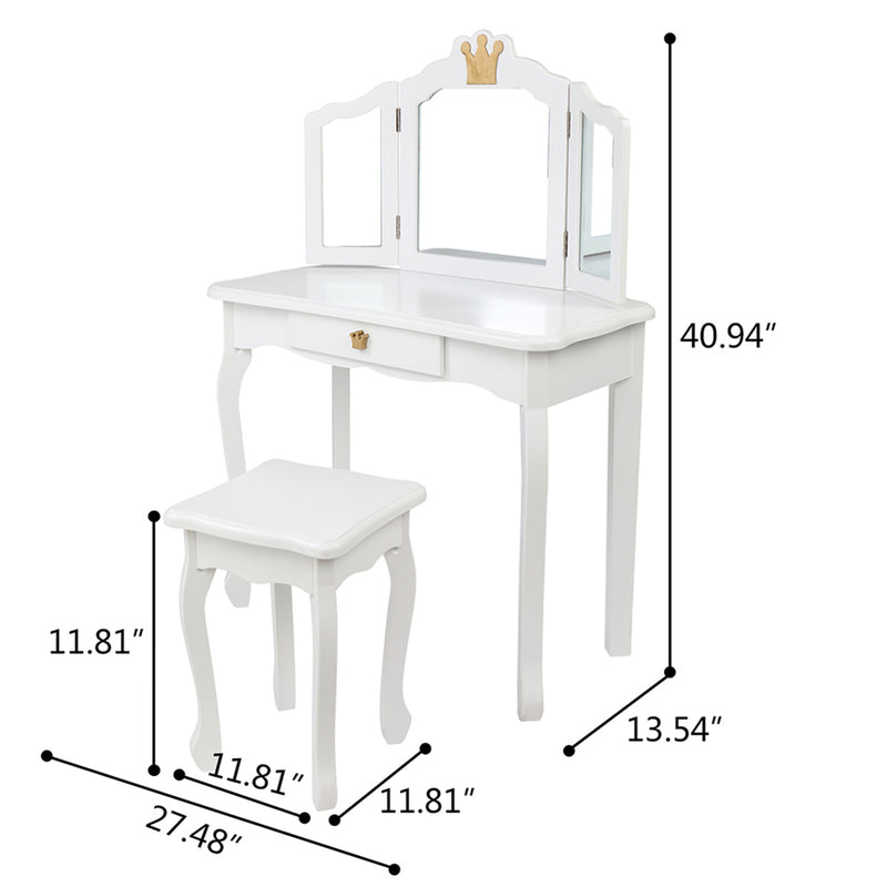GAOMON Children Dressing Table 3-sided Foldable Mirror Dressing Table + Chair White