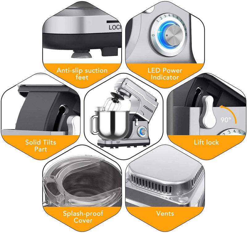 GAOMON Mixer MC1 1400W 7.5QT 10 Speeds Tilt-Head Stand Mixer Silver EU Plug