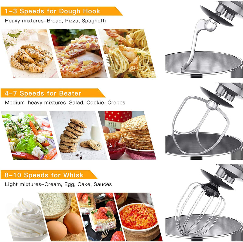 GAOMON Mixer MC1 1400W 7.5QT 10 Speeds Tilt-Head Stand Mixer Silver EU Plug