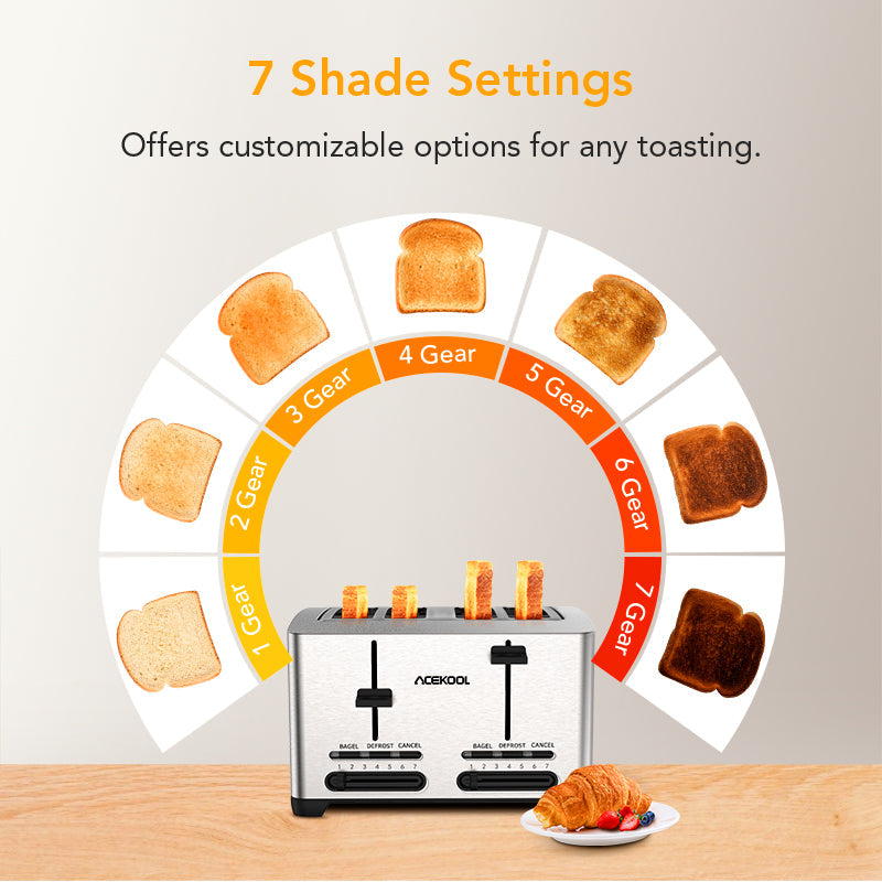 GAOMON Toaster TA1 Stainless Steel 4-Slice 7 Shades Toaster UK Plug