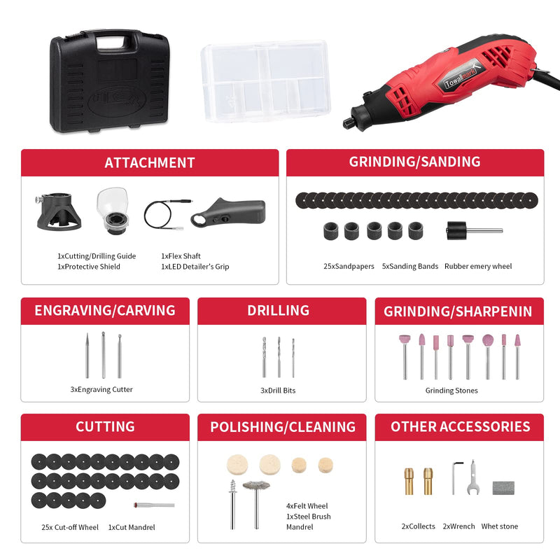 TOWALLMARK 88pcs Rotary Tool Kit 1.5Amp Variable Speed with Flex Shaft DIY Projects