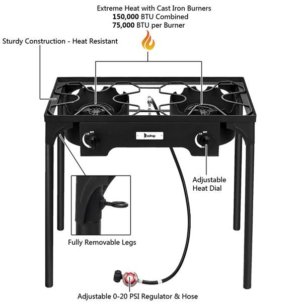 ZOKOP EX72 Double Burner Outdoor Camp Stove Gas Cooker  Portable Cast Iron Patio Cooking Burner